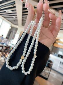 Customized Phone Chain, Elegant Faux Pearl Heart Pendant Phone Chain (With Phone Lanyard Pad), Customizable Name, Slogan, Date, Suitable For Birthday, Anniversary, Gift