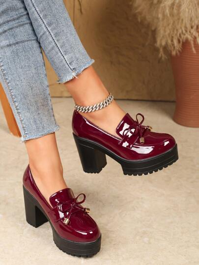 Mocassins com Salto Grosso e Laço Decorativo para Mulheres, Sapatos de Trabalho Formais em Couro Envernizado com Salto Médio, Oxford com Bico Quadrado e Salto Médio