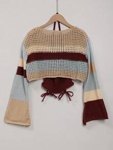 撞色條紋落肩袖短款毛衣帶吊脖針織上衣