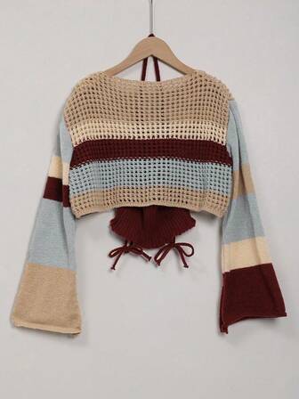 撞色條紋落肩袖短款毛衣帶吊脖針織上衣