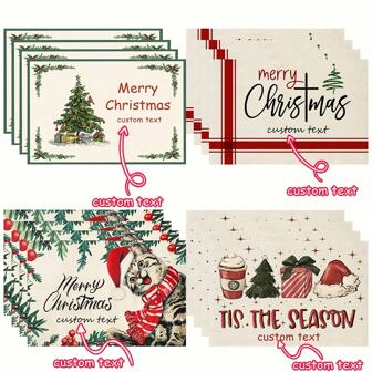 أطباق طاولة الكتان المطبوعة بطباعة شخصية (مجموعة من 4) - بمقاس 30*45 سم / 12 * 18 بوصة ، تصميم النص المخصص ، أطباق طاولة ، مفارش طاولة ، مثالية لعيد الميلاد ، رأس السنة الجديدة ، التجمعات العائلية