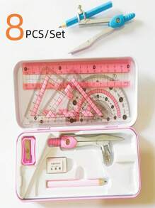 8 Stücke/Set - 4 Stücke Lineal - Bleistift - Zirkel - Radiergummi - Bleistiftspitzer Set - Geometrie Mathematik Zeichnen Schreibwaren Set - Mathematik Zeichnen Werkzeuge - Lernmaterialien - ideal für Schule - Studenten - Mathematik Messwerkzeuge - Prüfungsset - Semesteranfang Vorräte - Bildungsmaterialien - Schreibwaren