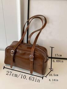 时尚简约单肩包，油光油皮女士手提包 - 棕色 - 查看 7