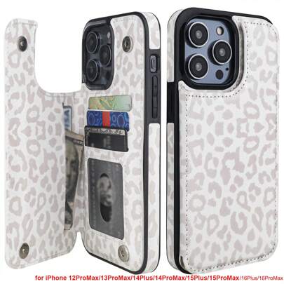 Compatible With Iphone 12ProMax/13ProMax/14Plus/14ProMax/15Plus/15ProMax/16Plus/16ProMax Case Wallet With Card Holder, Floral Flower Pattern Back Flip Folio PU Leather Kickstand Card Slots Case For Women Girls, Double Magnetic Clasp Shockproof Cover White Leopard Waterproof Anti-Fall Scratch Resistant