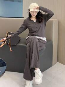 Traje deportivo casual y a la moda para mujer, pantalones de pierna ancha sueltos, elegantes y delgados, chill top y pantalones con capucha para otoño e invierno, textura suave y cómoda, tops transpirables de tallas grandes, adecuados para fiestas, Navidad, reuniones, deportes, jogging, ejercicio, golf y ropa diaria de trabajo. - Gris Oscuro - Ver 3