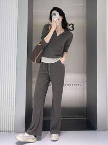 Traje deportivo casual y a la moda para mujer, pantalones de pierna ancha sueltos, elegantes y delgados, chill top y pantalones con capucha para otoño e invierno, textura suave y cómoda, tops transpirables de tallas grandes, adecuados para fiestas, Navidad, reuniones, deportes, jogging, ejercicio, golf y ropa diaria de trabajo. - Gris Oscuro - Ver 2