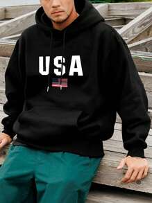 大码男士休闲卡通印花抽绳连帽运动衫，秋季 - 黑色 - 查看 1