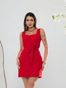 Short Tailored Dress With Thick Straps V3019 - Red - View 1