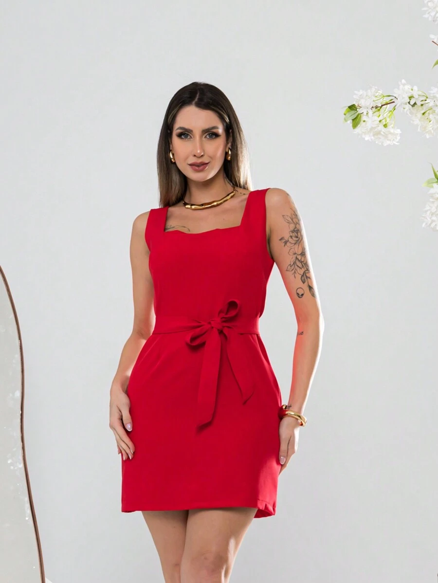 Short Tailored Dress With Thick Straps V3019 - Red - View 1