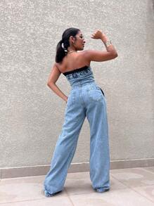Women's Strapless Long Denim Jumpsuit With Buttons And Zipper The Back Is Elastic - Light Wash - View 6