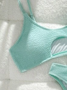 2 件套女士性感镂空纯色高腰比基尼泳装带衬垫，新款欧美风格，夏季 - 湖綠色 - 查看 5