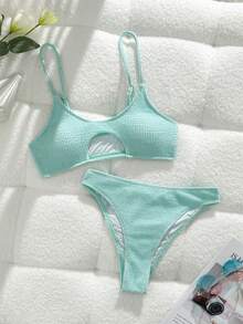 2 件套女士性感镂空纯色高腰比基尼泳装带衬垫，新款欧美风格，夏季 - 湖綠色 - 查看 2