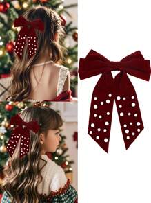 1pc Girls/Kids' Autumn/Winter Christmas Pearl Bow Hair Clip, Cute & Elegant Velvet Bow Hair Accessory