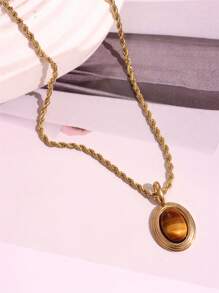 1 pieza Collar con colgante vintage de piedra ovalada en negro, blanco y marrón, enchapado en oro de 18K, acero inoxidable, pequeño y lindo, regalo de joyería para mujer