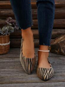 Women Knitted Flat Shoes Breathable Knit Flat Shoes, Elegant Striped Pointed Toe Formal Shoes, Lightweight Slip-On Shoes, Gray