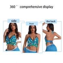 1pc Colorful Sequins Chest Wrapped Belly Dance Bra, Copper Gong Colored Diamond Stage Performance Top