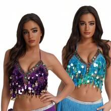 1pc Colorful Sequins Chest Wrapped Belly Dance Bra, Copper Gong Colored Diamond Stage Performance Top