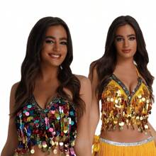 1pc Colorful Sequins Chest Wrapped Belly Dance Bra, Copper Gong Colored Diamond Stage Performance Top