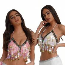 1pc Colorful Sequins Chest Wrapped Belly Dance Bra, Copper Gong Colored Diamond Stage Performance Top
