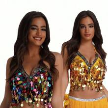 1pc Colorful Sequins Chest Wrapped Belly Dance Bra, Copper Gong Colored Diamond Stage Performance Top