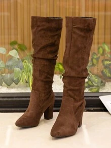 黑色修身多色新款褶皱高筒靴，尖头粗跟过膝长靴，女士，2025 年秋冬 - 咖啡棕 - 查看 7