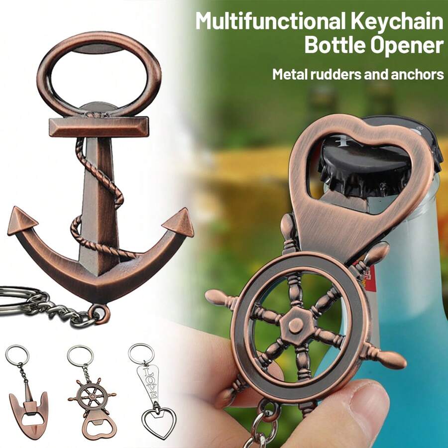 1pc Multi-Functional Bottle Opener Keychain, Metal Rudder & Anchor Keychain, Nautical Club Souvenir, Small Gift, For Outdoor, Camping - Multicolor - View 1