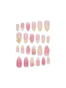 A Box Of 24 Medium Almond Nails, Light Yellow French Tips With 3D Pink Floral And Butterfly Accents, Showcasing A Fresh And Sweet Style, Press-On Nail Set With Nail File And Jelly Glue, Perfect For All Women, Ideal For Daily, Holiday, And Party Occasions, Adding A Touch Of Playful Elegance To Your Fingertips.