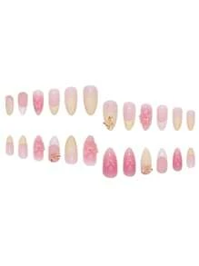 A Box Of 24 Medium Almond Nails, Light Yellow French Tips With 3D Pink Floral And Butterfly Accents, Showcasing A Fresh And Sweet Style, Press-On Nail Set With Nail File And Jelly Glue, Perfect For All Women, Ideal For Daily, Holiday, And Party Occasions, Adding A Touch Of Playful Elegance To Your Fingertips.