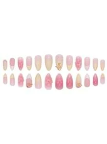A Box Of 24 Medium Almond Nails, Light Yellow French Tips With 3D Pink Floral And Butterfly Accents, Showcasing A Fresh And Sweet Style, Press-On Nail Set With Nail File And Jelly Glue, Perfect For All Women, Ideal For Daily, Holiday, And Party Occasions, Adding A Touch Of Playful Elegance To Your Fingertips.