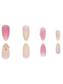 A Box Of 24 Medium Almond Nails, Light Yellow French Tips With 3D Pink Floral And Butterfly Accents, Showcasing A Fresh And Sweet Style, Press-On Nail Set With Nail File And Jelly Glue, Perfect For All Women, Ideal For Daily, Holiday, And Party Occasions, Adding A Touch Of Playful Elegance To Your Fingertips.