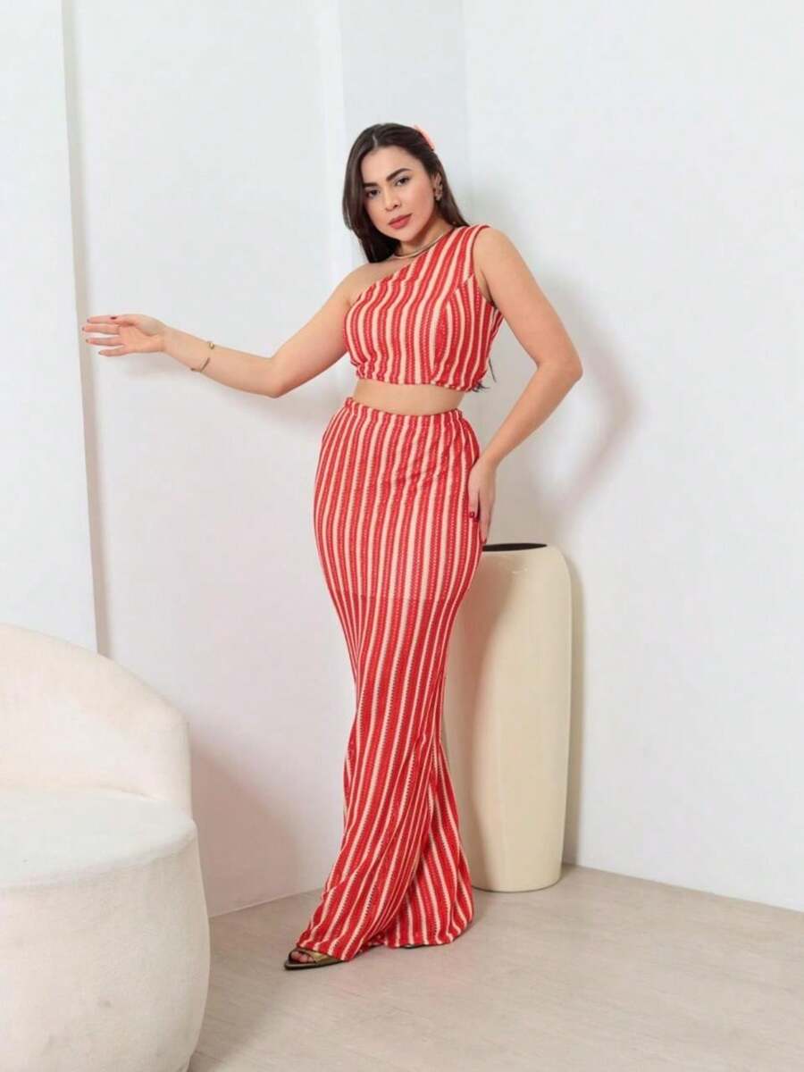 Elegant Women's Set Cropped Mule Slip And High Waist Skirt With Overlay - Summer - Đỏ - Xem 1