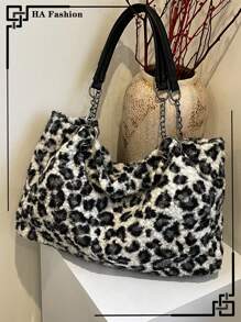 Bolsa tote peluda com estampa de leopardo, grande capacidade, estilo clássico, bolsa de ombro fashion, para deslocamento e uso diário