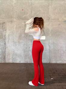 OQQ Women's 2 Piece Yoga Pants Ribbed Seamless Workout High Waist Bell Bottoms Flare Leggings - 黑色,紅色 - 查看 3