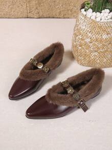 Fall/Winter Women's Flat Slip-On Shoes, With Pointed Toe, Fluffy, Metal Buckle Decor, Wine Red PU Material, Flat Sole, Suitable For Winter,Fur Shoes