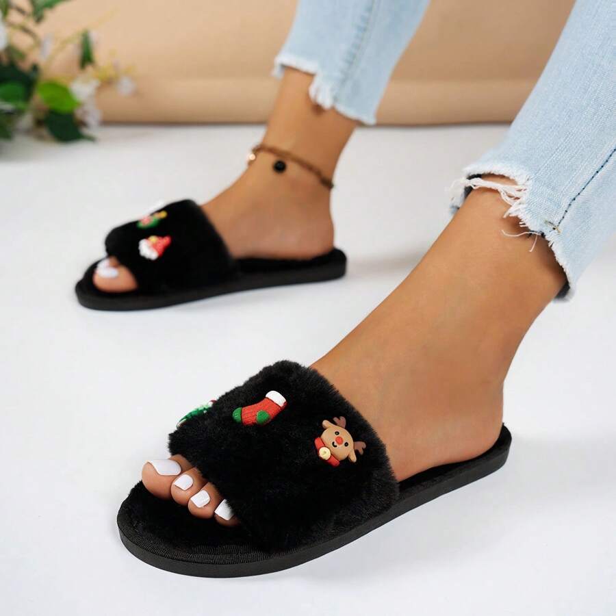 Women's Christmas Santa Claus Slippers, Plush Warm Slip-On Slippers For Indoor Home Wear, Christmas Style - Black - View 1