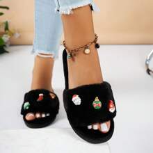 Women's Christmas Santa Claus Slippers, Plush Warm Slip-On Slippers For Indoor Home Wear, Christmas Style - Black - View 2