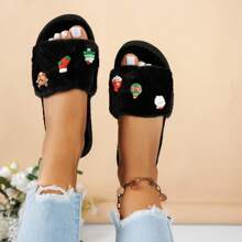 Women's Christmas Santa Claus Slippers, Plush Warm Slip-On Slippers For Indoor Home Wear, Christmas Style - Black - View 6