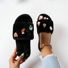 Women's Christmas Santa Claus Slippers, Plush Warm Slip-On Slippers For Indoor Home Wear, Christmas Style - Black - View 4