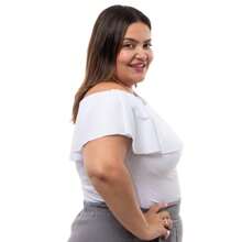 Kit 2 Plus Size Women's Blouses, Elegant, Ribbed, Ruffled, Boat Neck, New Year's Eve Party - Đen và trắng - Xem 3