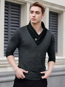 Halloween Men's Color Block Long Sleeve V Neck T-Shirt,Men's Casual Solid Color Button Embellished Pullover,Men's Raglan Sleeve Button Front Color Block T-Shirt - Grey - View 2