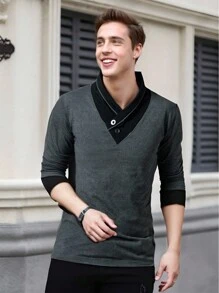 Halloween Men's Color Block Long Sleeve V Neck T-Shirt,Men's Casual Solid Color Button Embellished Pullover,Men's Raglan Sleeve Button Front Color Block T-Shirt - Grey - View 1