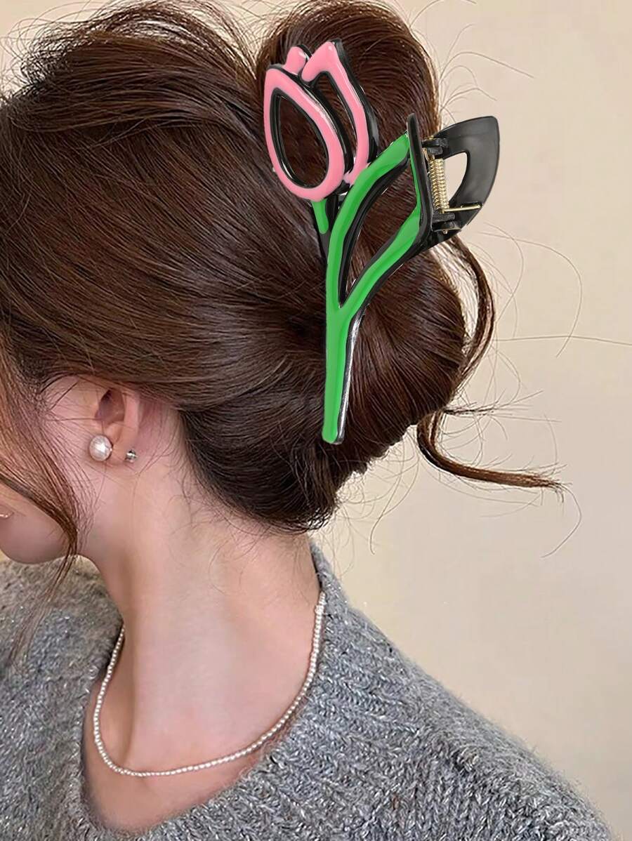 1 件时尚郁金香花朵设计发夹，适合日常佩戴 - 彩色 - 查看 1
