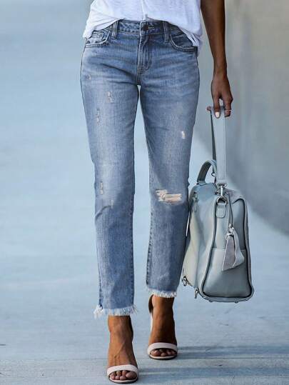 Y2K Streetwear-modell med croppade jeans, stretchiga jeans med hög midja och sliten fåll, smal passform, sneda fickor, ankellånga denimbyxor, lämpliga för kvinnor på hösten