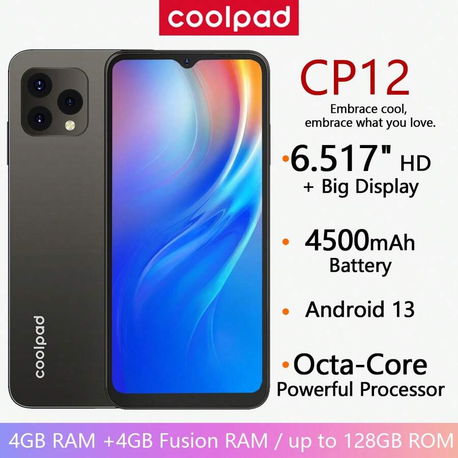 Coolpad Cool CP12，Android 13，蓝色，6.517 英寸高清，4GB+128GB，13 MP 三摄像头，4500mAh 电池，双 SIM 4G，插头为欧洲标准，智能手机