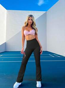 OQQ Women's 2 Piece Yoga Pants Ribbed Seamless Workout High Waist Bell Bottoms Flare Leggings - 黑色,糖果粉紅色 - 查看 3