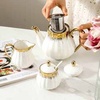 1pc Ceramic Tea Pot, European Style Flower Tea Pot Coffee Pot Water Pot Ceramic Gift, Gold Rim Afternoon Tea Set, Household Tea Pot With Filter, Afternoon Tea Drinkware, Home Office Hotel, Tea Set Suitable For Tea, Coffee, Tea Tasting, Gift, Mother's Day Gift
