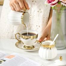 1 件陶瓷茶壶，欧式花茶壶咖啡壶水壶陶瓷礼品，金边下午茶套装，家用带过滤器的茶壶，下午茶饮具，家庭办公室酒店，茶具适用于茶、咖啡、品茶、礼物、母亲节礼物 - 金色 - 查看 5