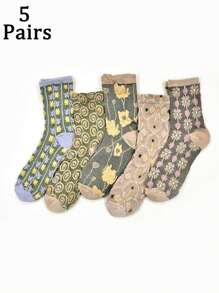 5 đôi tất họa tiết hoa thanh lịch cho nữ, thời trang để mặc hàng ngày và làm quà tặng - Nhiều màu - Xem 1