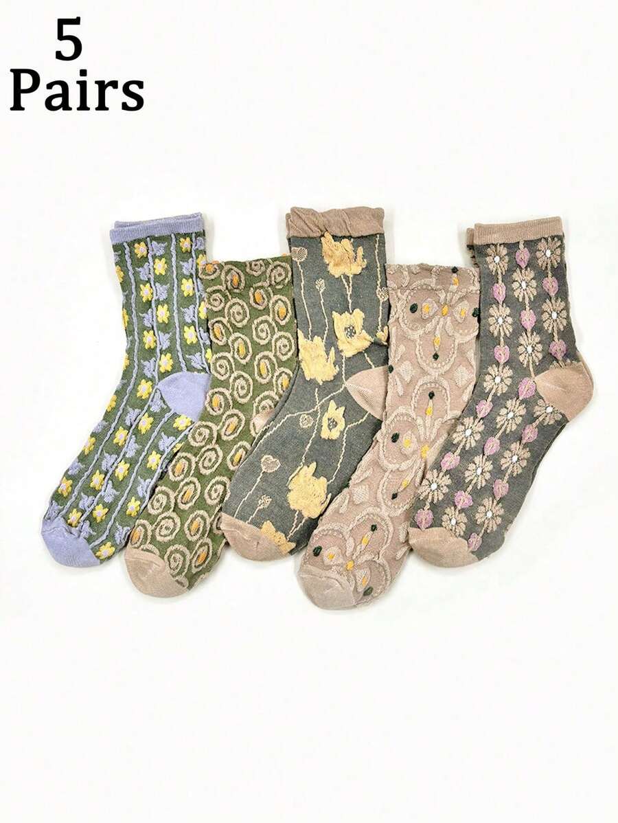 5 đôi tất họa tiết hoa thanh lịch cho nữ, thời trang để mặc hàng ngày và làm quà tặng - Nhiều màu - Xem 1