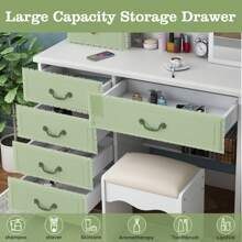 35.4" Makeup Vanity Desk With Mirror And Lights, Vanity Mirror With Lights Desk And Chair, White Vanity Desk With Sliding 3 Colors Lighted Mirror, Brightness Adjustable, 6 Drawers, With Stool - 白色 - 查看 5